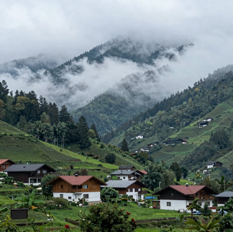 A panoramic view of the misty Gorthan area showcasing lush greenery and peaceful farmhouse plots.