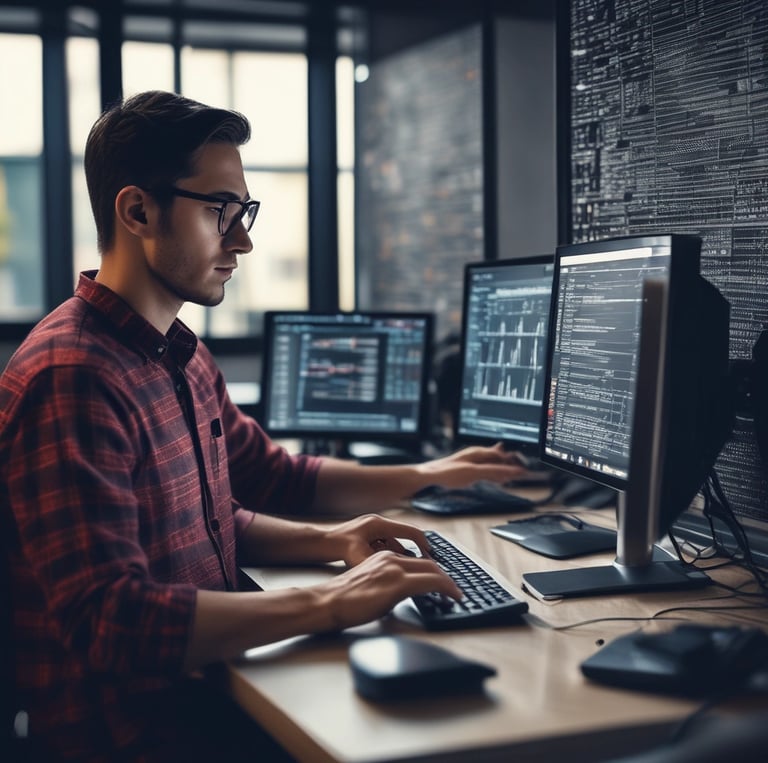 A friendly team working together in an office with computers and documents.