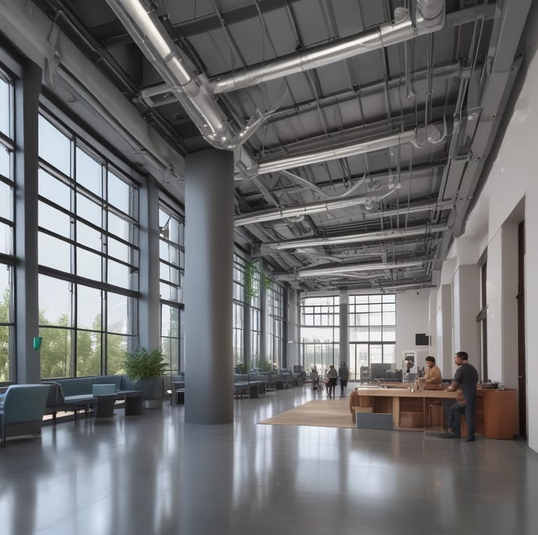 A diverse team of engineers collaborating over blueprints in a modern office setting.