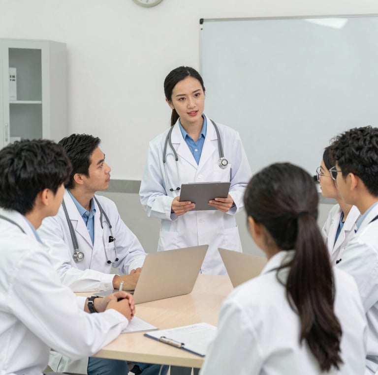 A diverse group of medical educators from various ethnic backgrounds engaged in a collaborative training session.