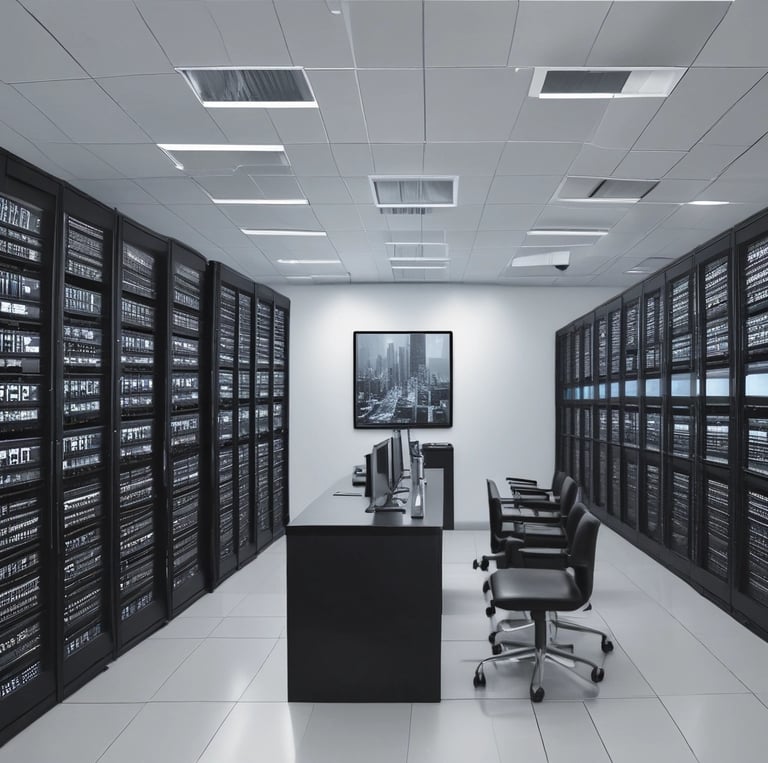 Modern office setup showing CCTV cameras, smart home devices, and computer accessories.