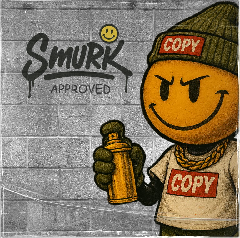 Smurk-approved graffiti character smiling, holding a gold spray paint can, with "COPY" on his hat and shirt, on a brick wall