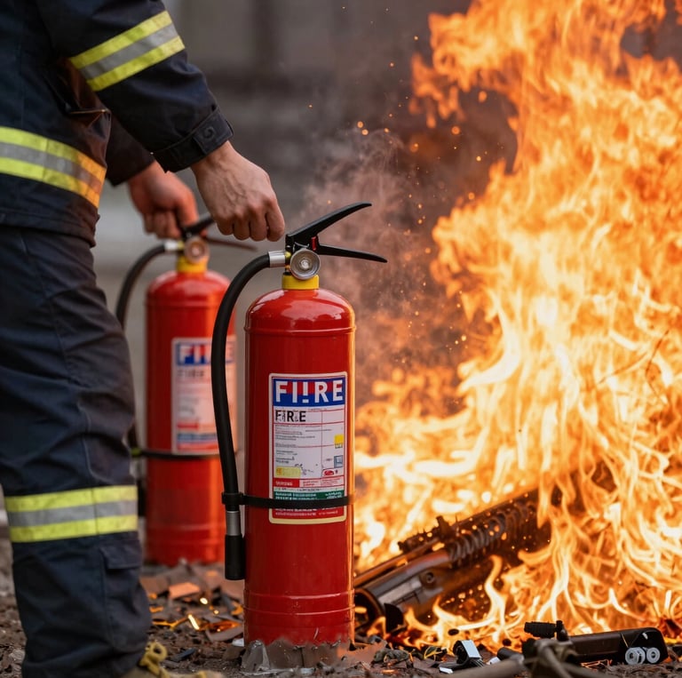 Person using a fire extinguisher to put out a small fire inside a house, and another scene showing a vehicle fire being extinguished with a fire extinguisher.