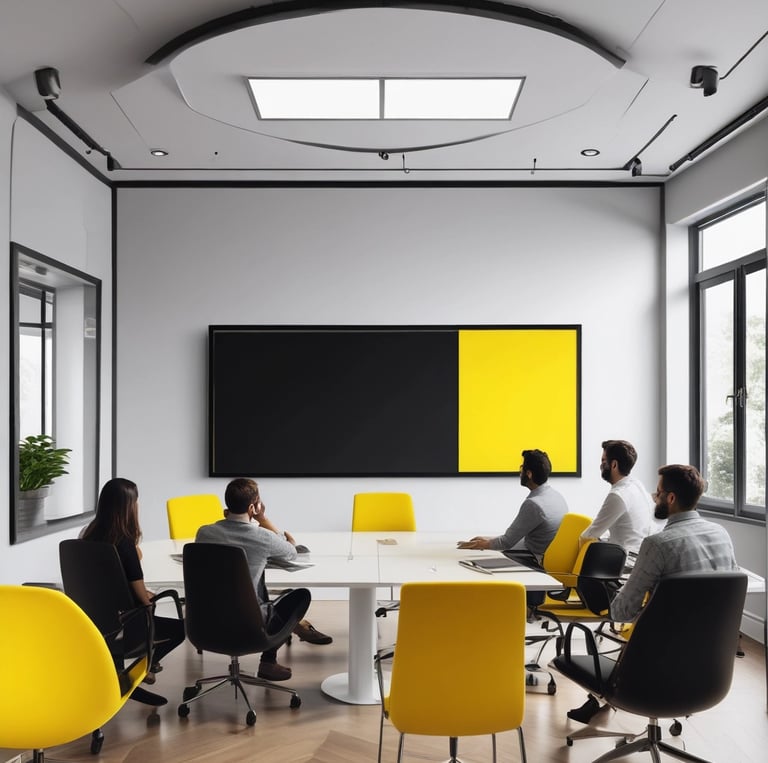 A warm team photo of one.infinity staff collaborating in a bright, modern office space filled with product samples and digital screens.