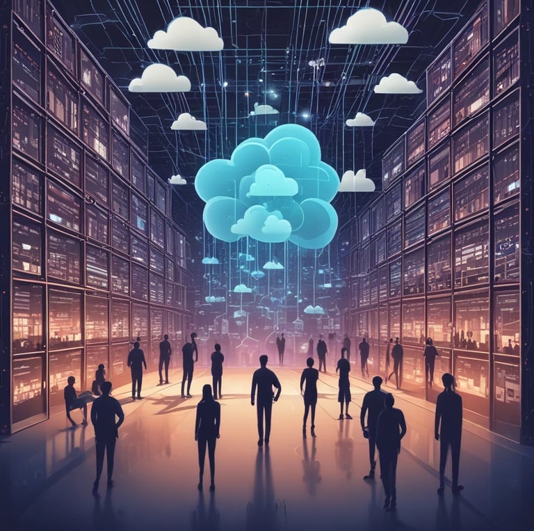 A diverse team collaborating over laptops in a modern office, with screens displaying AI data and cloud infrastructure visuals.