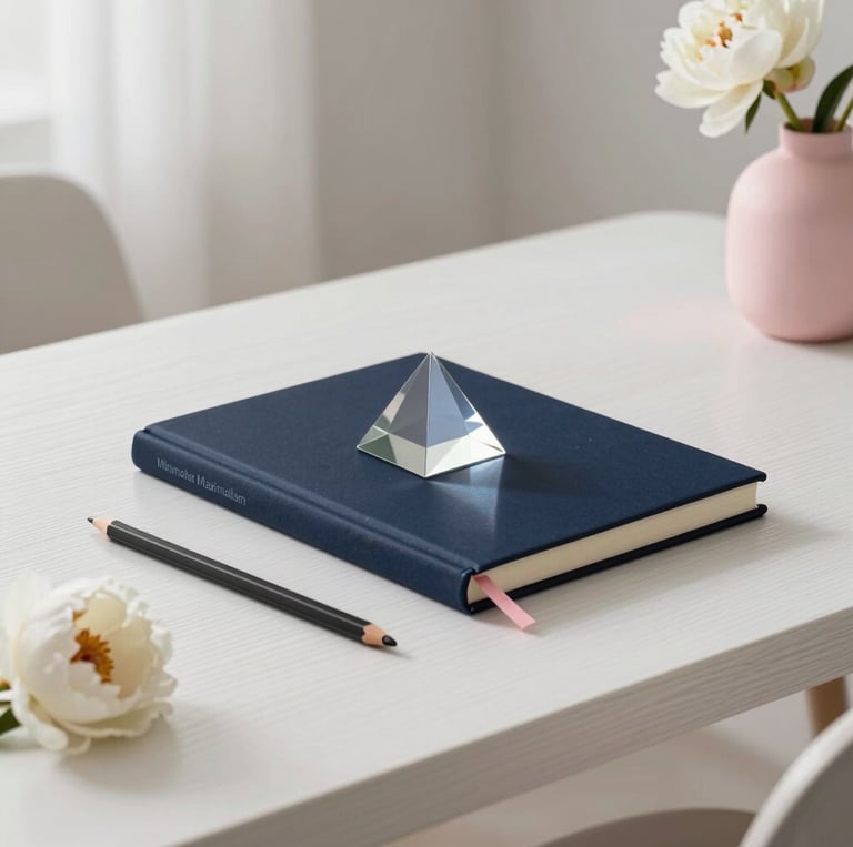 A glass pyramid prism on a navy blue notebook with pencils and a white peony on a desk.