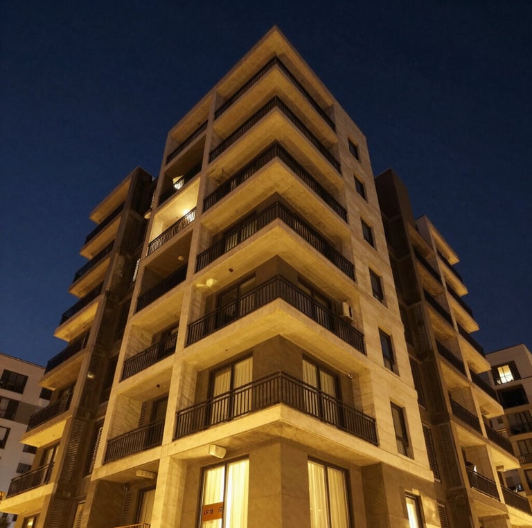 A sleek, modern luxury building framed by a powerful rhinoceros sculpture symbolizing strength and endurance.