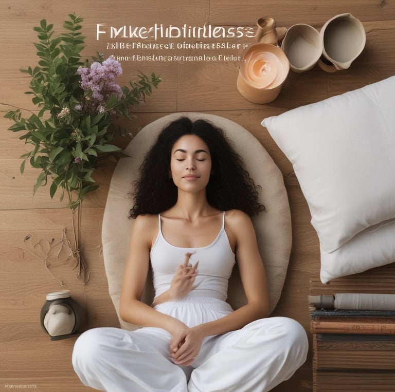 A serene person meditating in a cozy, softly lit room filled with plants.