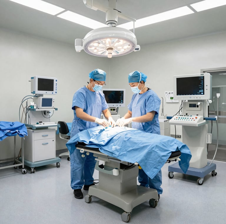 Technician carefully inspecting a c-arm imaging device in a bright, clean medical facility.