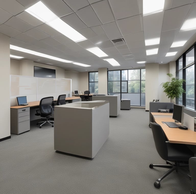 a desk with a chair and a chair in front of a window