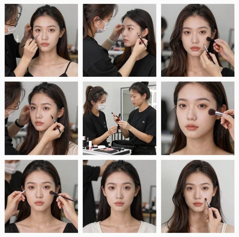 A professional makeup artist applying vibrant makeup on a smiling client in a bright studio.