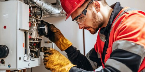 Professional HVAC technician in a hard hat repairing a residential furnace and heating system.