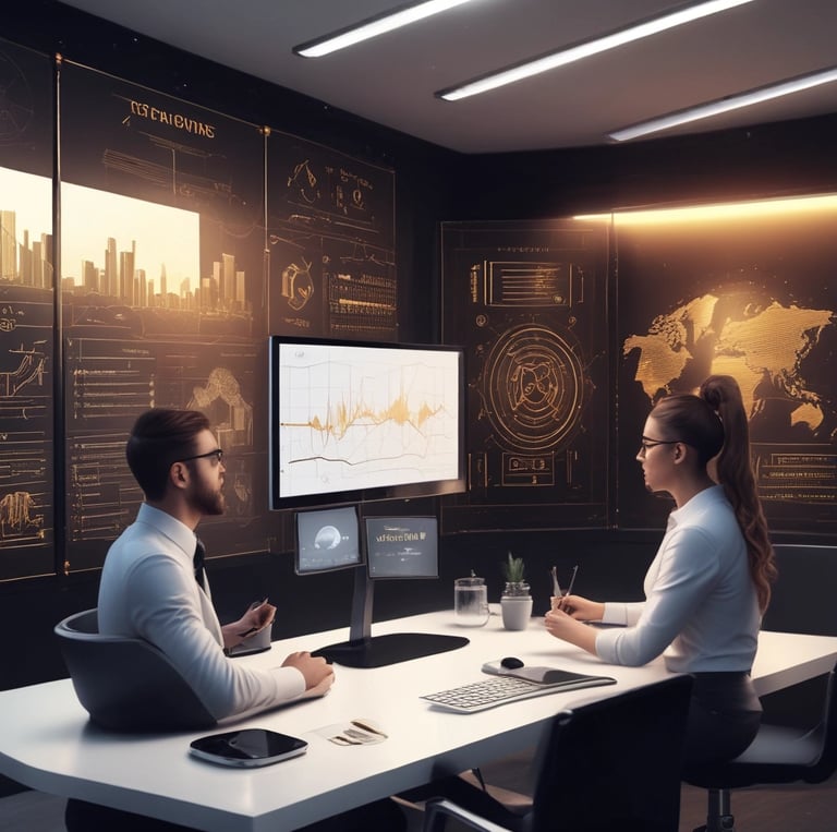A sleek modern office with dark tones and golden accents, showcasing a team collaborating on AI strategy.