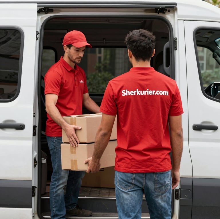 Courier handing over a package with a smile in front of a city map background.