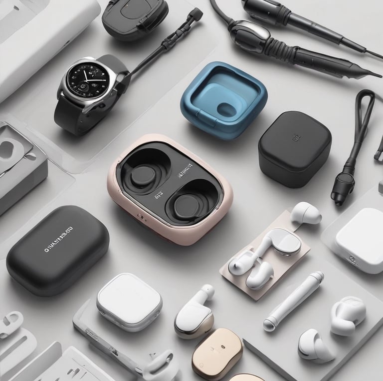 A stylish, modern electronics store interior with elegant displays showcasing high-end gadgets under warm lighting.