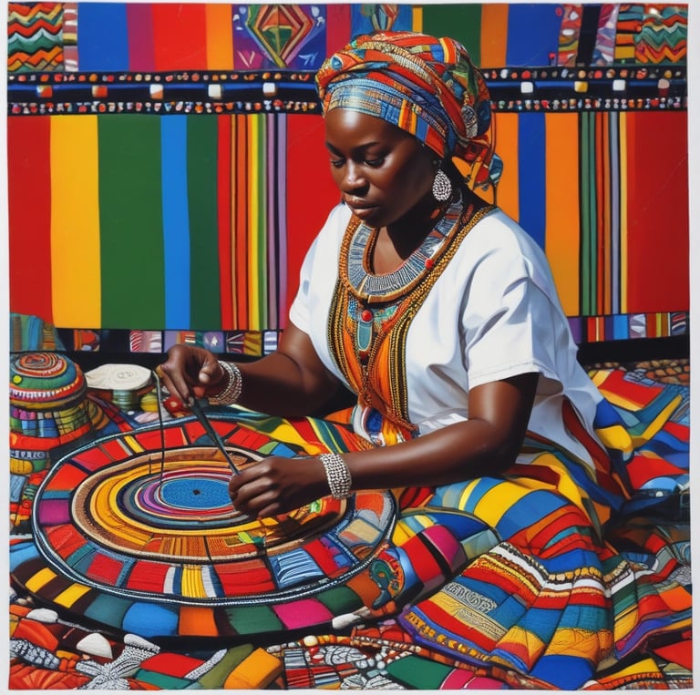 Close-up of a colorful handmade bag crafted by a South African woman, showing detailed stitching and vibrant fabric.