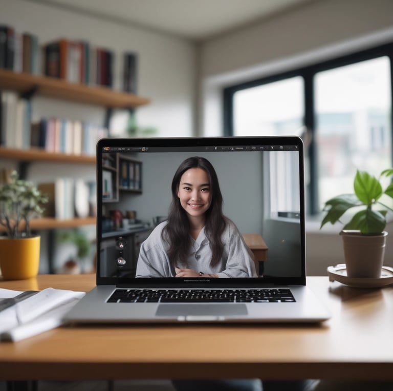 A happy learner chatting with a friendly tutor on a laptop, surrounded by language notes and a progress dashboard on screen.