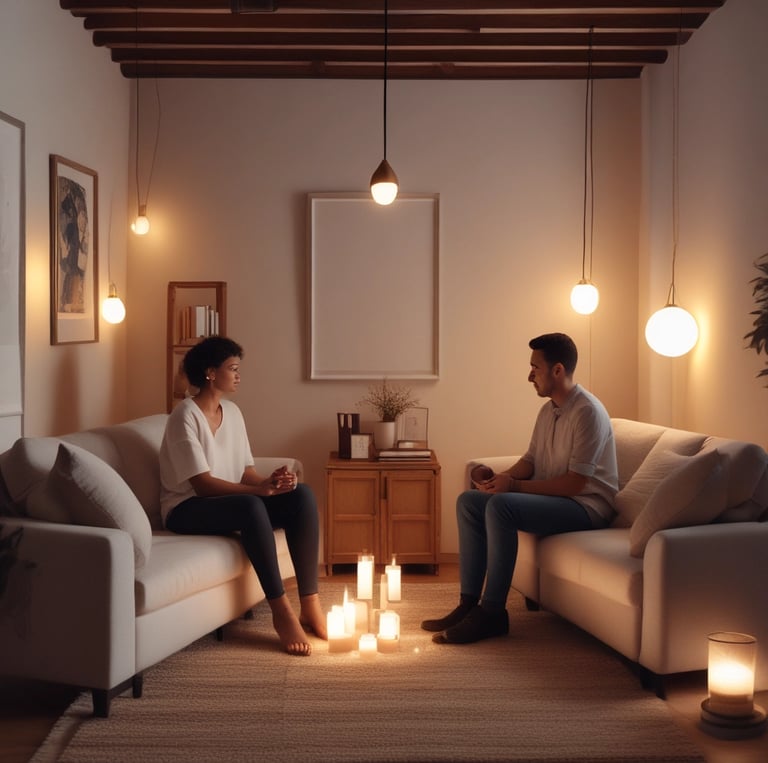 Cozy therapy room with warm beige tones, soft natural light and green sage plant accents.