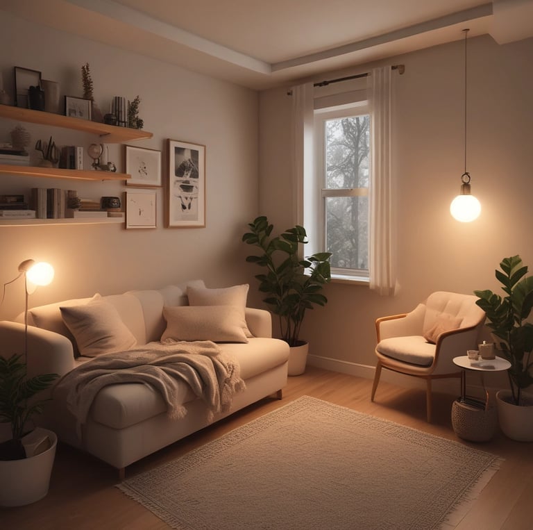 Cozy therapy room with warm beige tones, soft natural light and green sage plant accents.