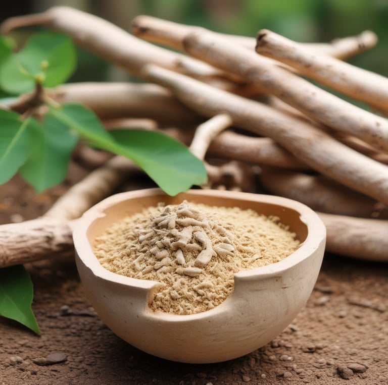 A close-up of freshly dug ashwagandha roots resting on natural soil near Himalayan foothills.