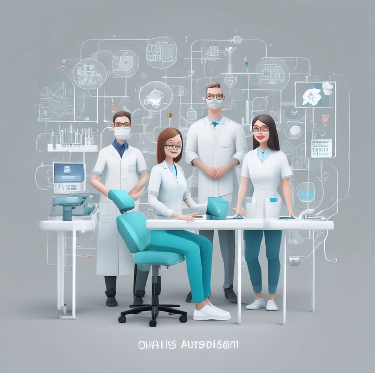 A sleek black-and-white workspace showing a dentist and designer collaborating over digital dental models with cyan accents highlighting key tools.