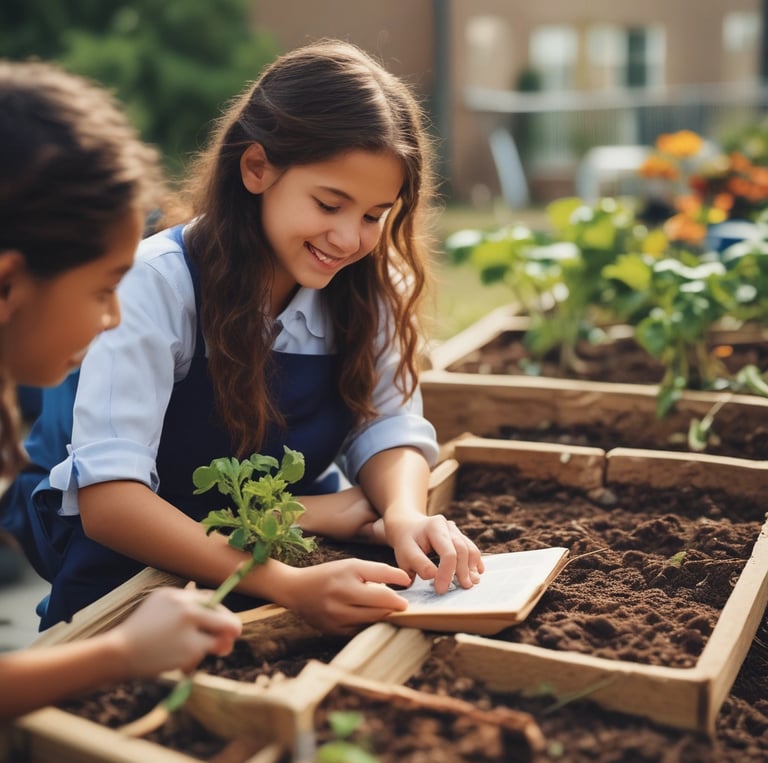 Students working together in a rooftop garden, engaged in planting and learning about sustainable agriculture.