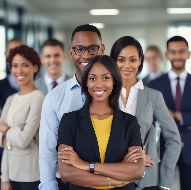Professional African American woman in business attire working confidently at a modern desk with dual monitors showing financial spreadsheets and project management software.
