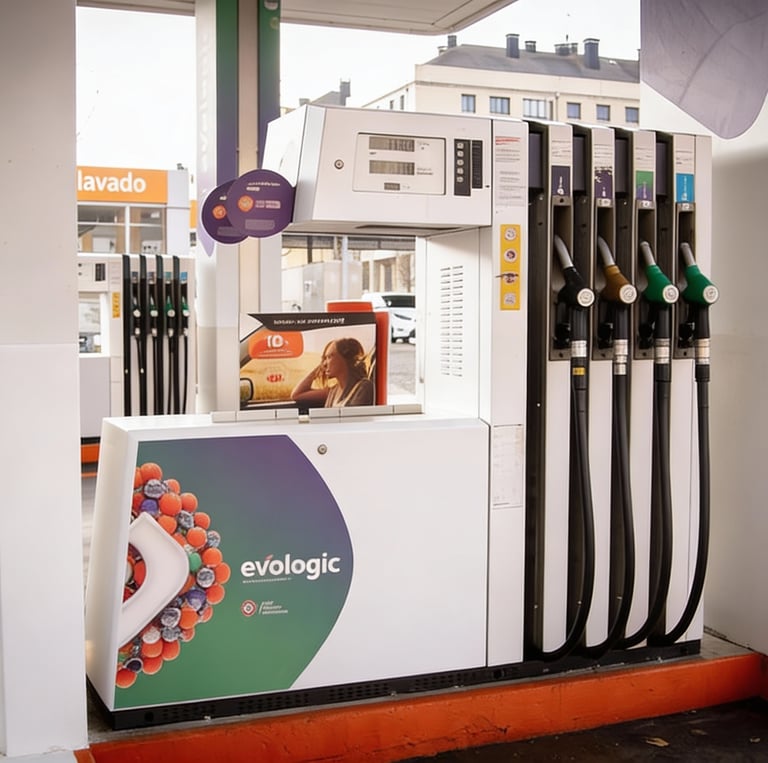 Un moderno surtidor de gasolinera Galp Evologic con múltiples boquillas de combustible y pantalla di