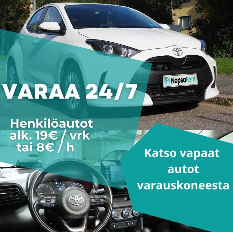 Henkilöautot alkaen 8€/h, 19€/pv Helppo varaus ja avaimeton käyttö puhelimella.