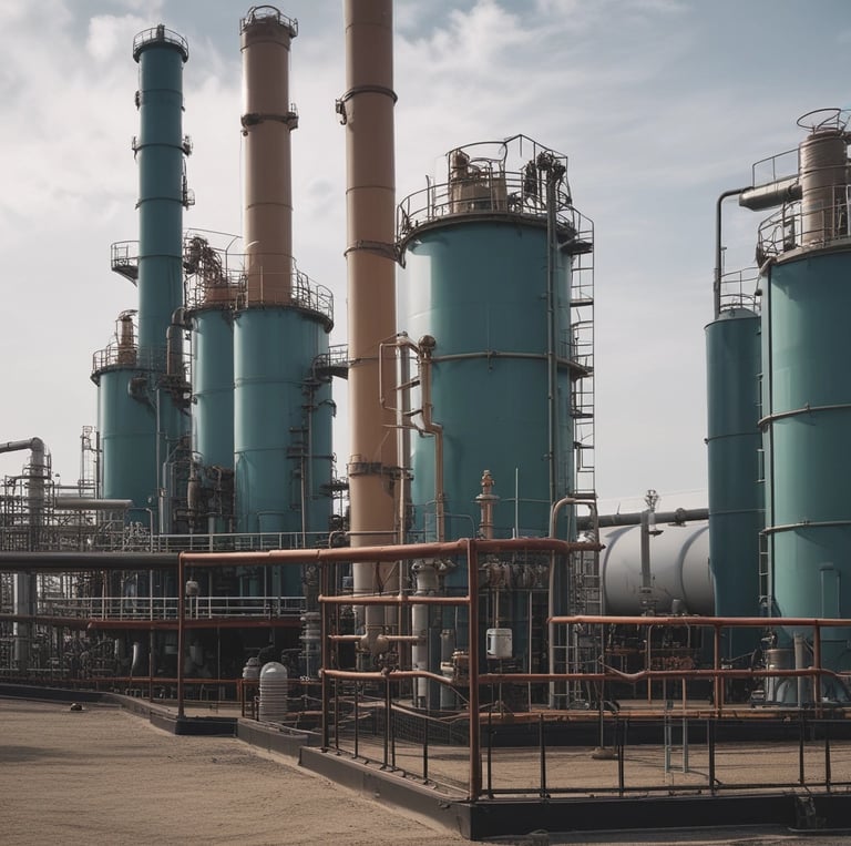 A professional petrochemical plant with pipelines and storage tanks under a clear blue sky.