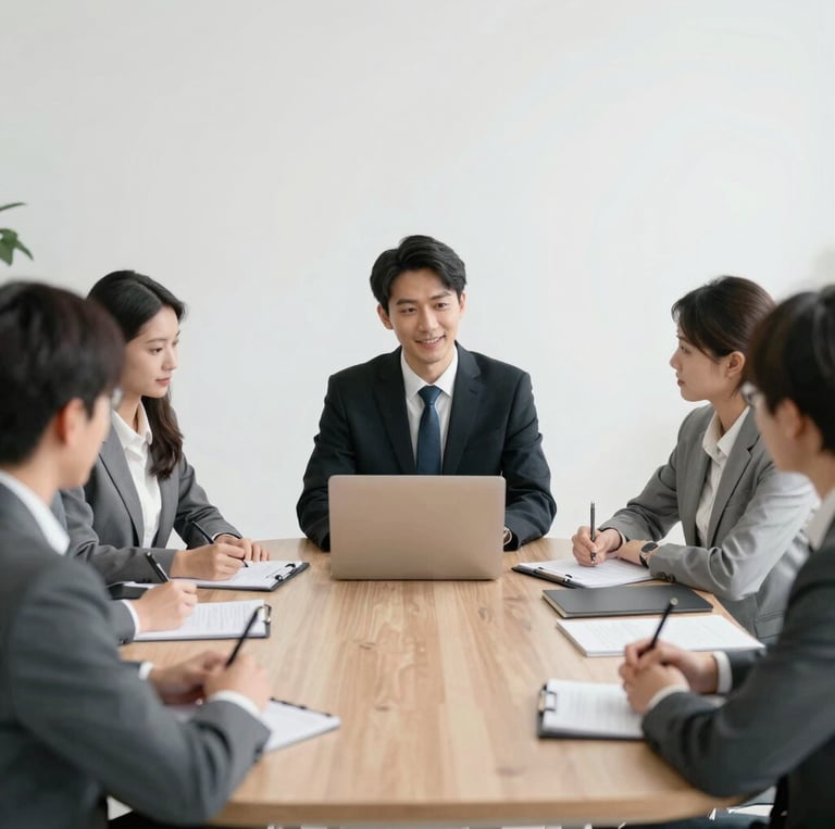 A diverse group of parents working together in a bright, welcoming office space.