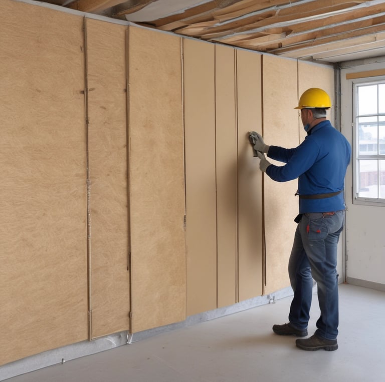 A team of professionals installing eco-friendly insulation materials in a modern building.