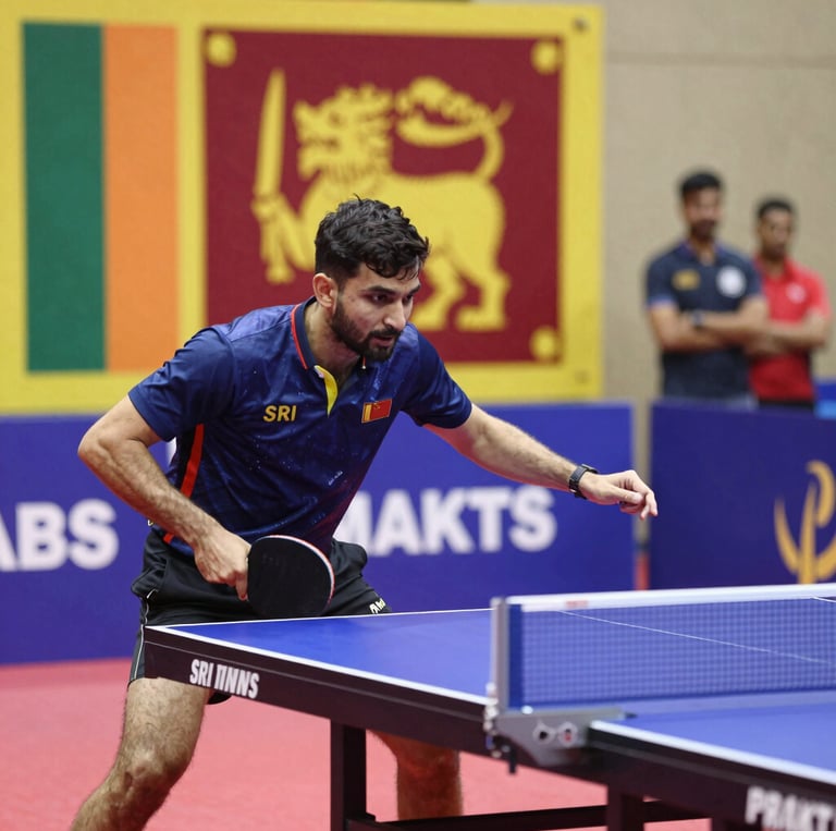 A lively group of Sri Lankan table tennis players and coaches sharing a moment of teamwork and celebration.