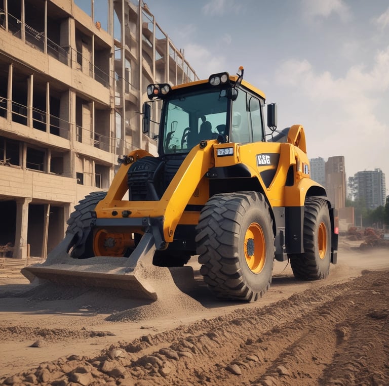 A fleet of heavy-duty rental equipment lined up under a clear blue sky in the UAE desert.
