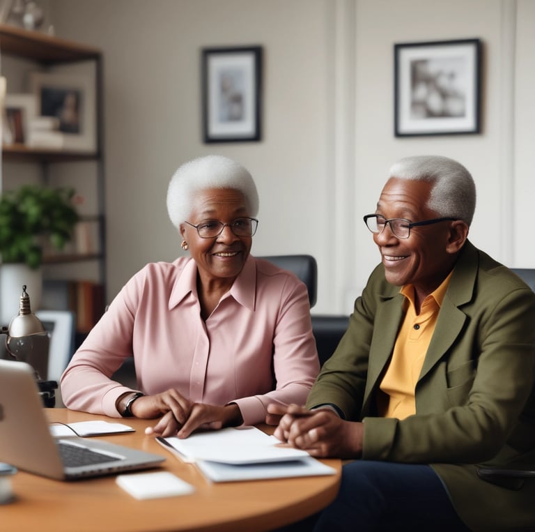 A warm, professional lawyer discussing estate plans with a smiling elderly couple in a cozy office.
