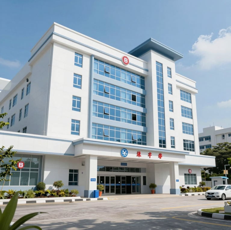 Modern white and blue multistory hospital building exterior with glass windows under a clear sky.
