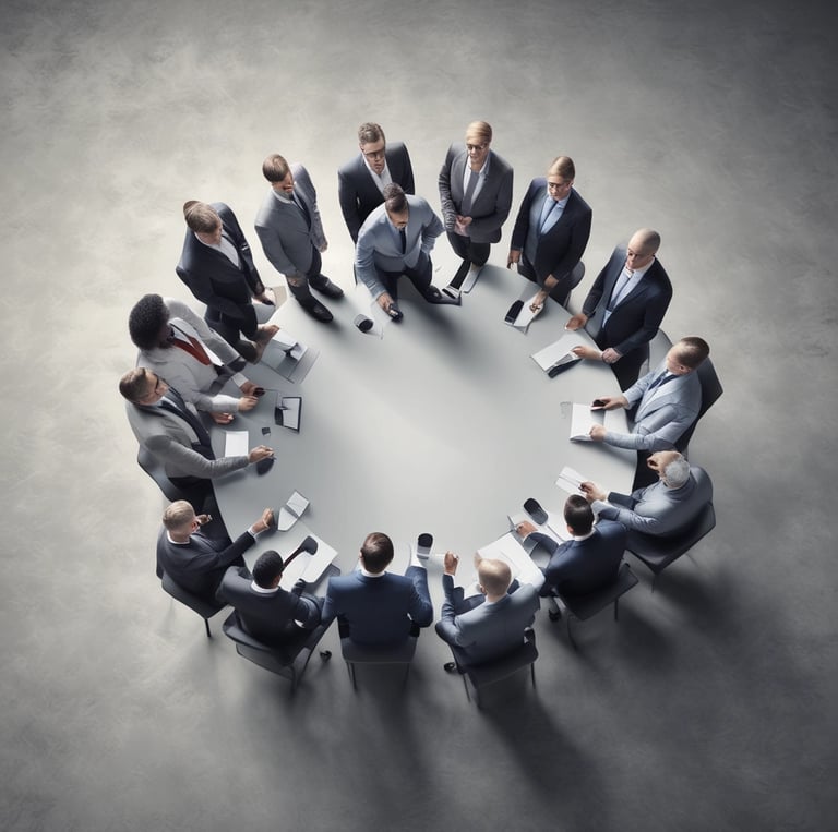 A warm, candid photo of our management team collaborating around a table in a bright office.