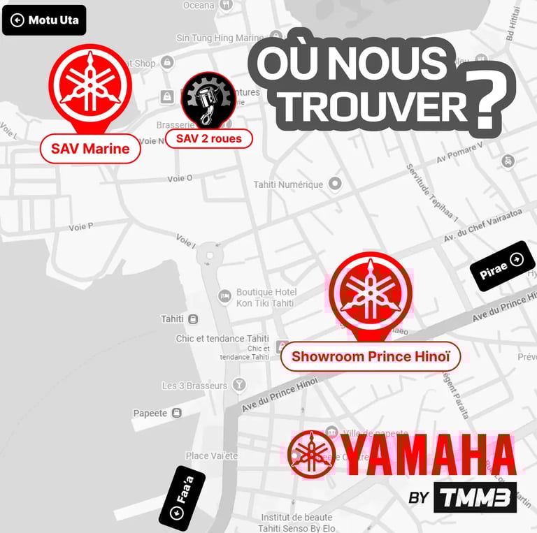 Map of Yamaha Tahiti locations showing the Prince Hinoï showroom and SAV service centers in Papeete.