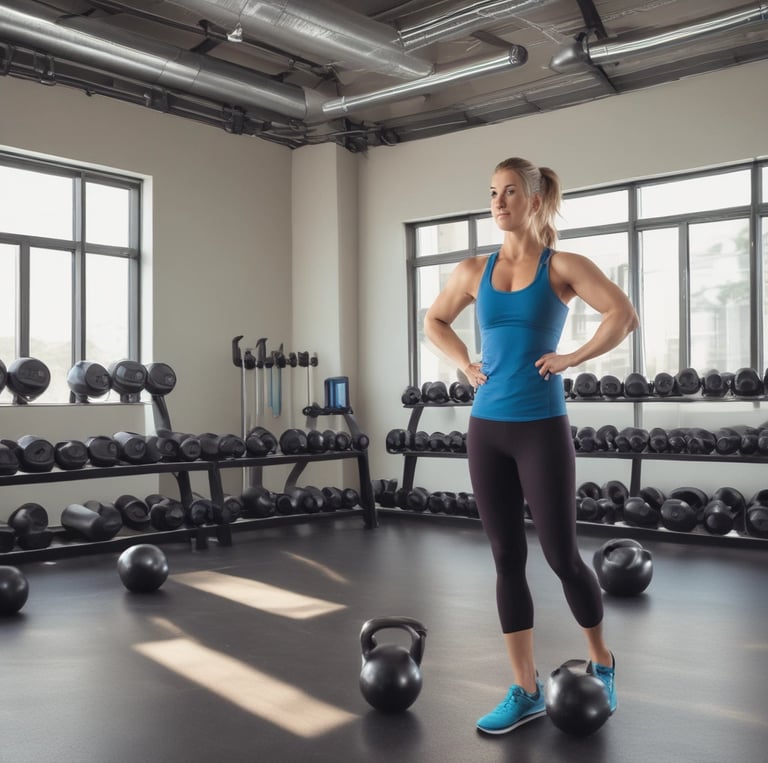 A set of resistance bands and kettlebells arranged neatly on a wooden floor bathed in natural Colorado sunlight.