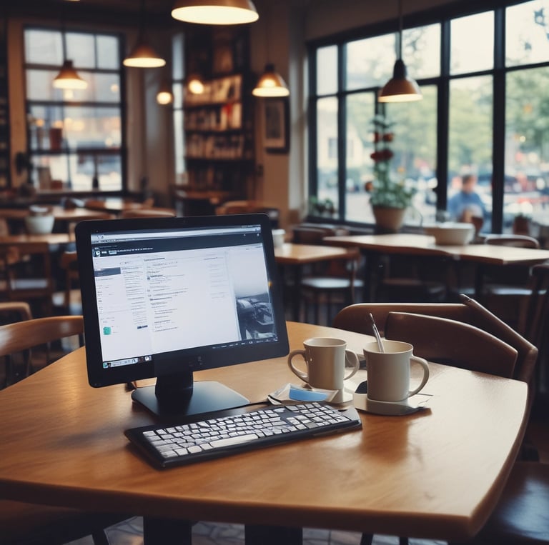 A clean, modern workspace with a laptop displaying systeme.io dashboard and a cup of coffee nearby.