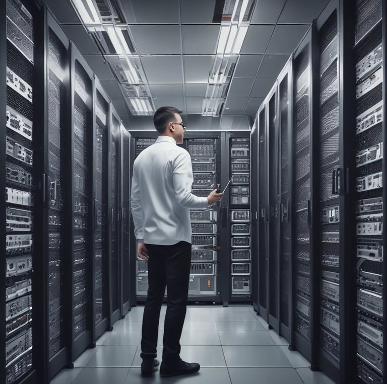 A team of professionals reviewing IT hardware specifications in a modern office setting.