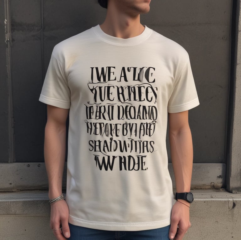 A close-up of a cozy t-shirt featuring bold, handwritten-style letters across the chest.