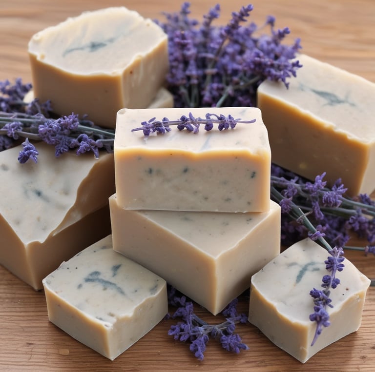 Close-up of a handmade soap with soft floral patterns on a wooden surface