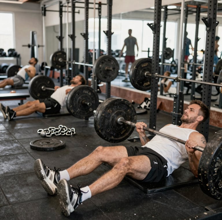 A determined middle-aged person lifting weights in a home gym, sweat showing effort and resolve.