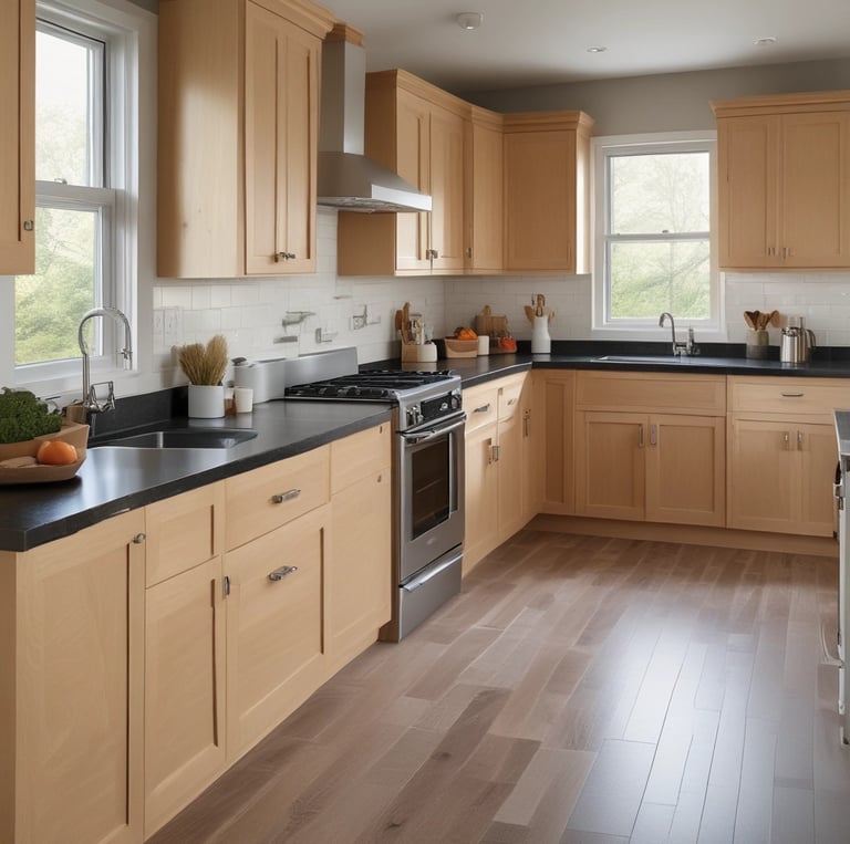 A bright, modern kitchen featuring white shaker cabinets and sleek solid surface countertops with warm LVP flooring.
