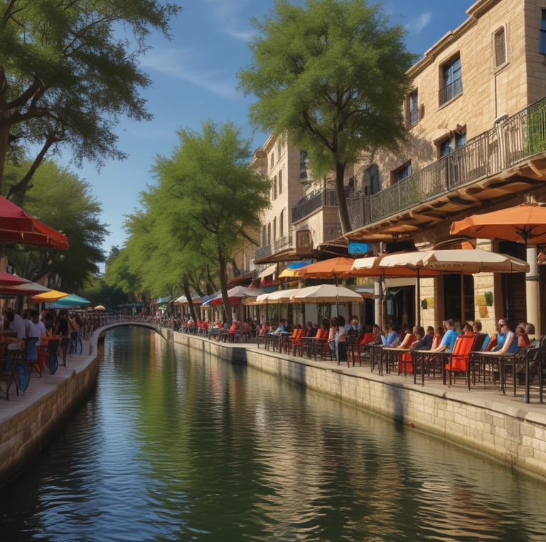 A lively San Antonio street scene showing diverse people engaging with local shops and community events.