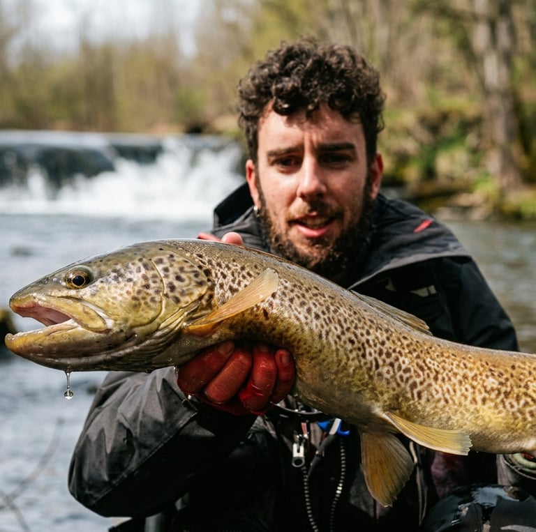 Pescador con gran trucha en un río de León
