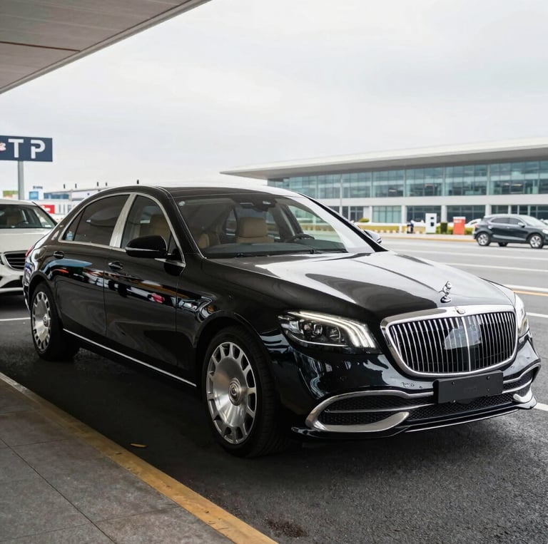 A professional Chinese driver warmly greeting a passenger at Boston Logan Airport with a sleek black car in the background.