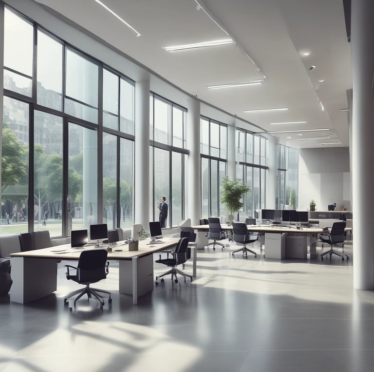 Modern office workspace with diverse team collaborating on digital devices.