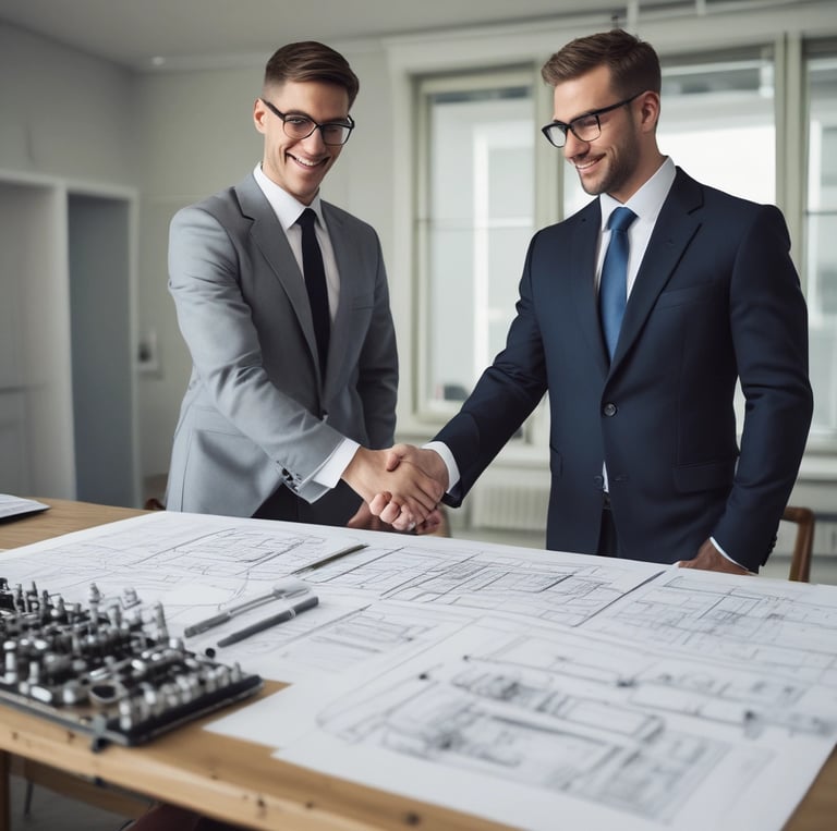 Professional engineers collaborating over mechanical design blueprints in an office setting.